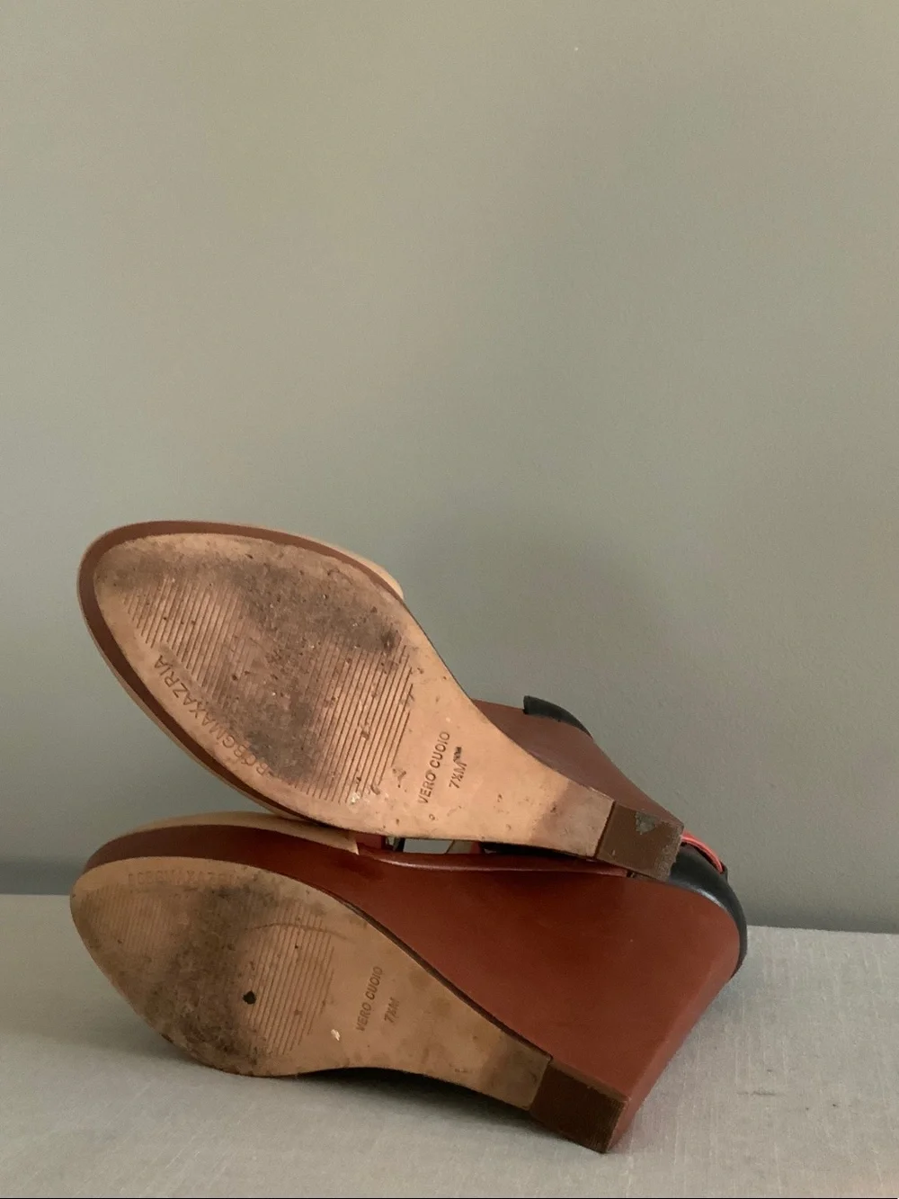 BCBGMaxAzria Coral and Tan Platform Ankle-Strap Heels